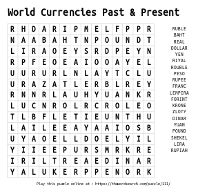 Word Search on World Currencies Past & Present