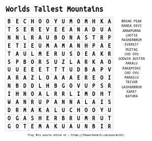 Word Search on Worlds Tallest Mountains