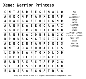 Word Search on Xena: Warrior Princess