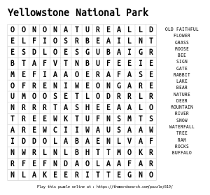 Word Search on Yellowstone National Park