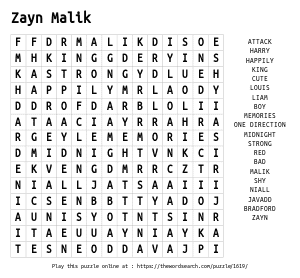 Word Search on Zayn Malik
