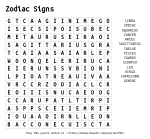 Word Search on Zodiac Signs